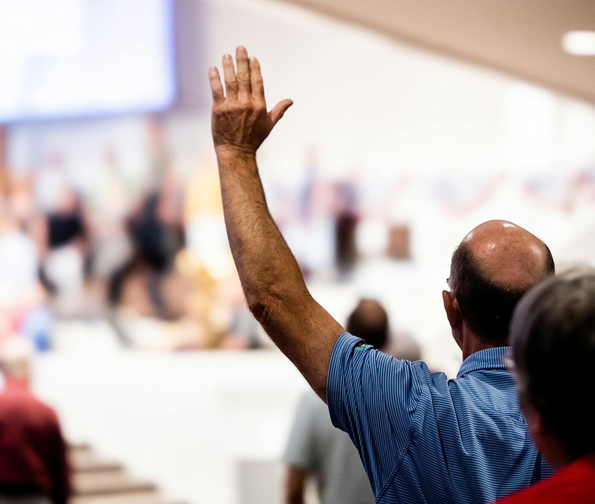 Person raising their hand in a crowd at a meeting
